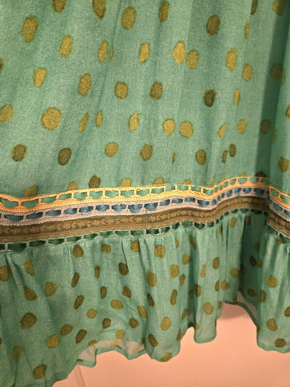 Anthropologie Bl^nk London Green With Gold Polka Dot Boho Dress - Picture 5 of 11